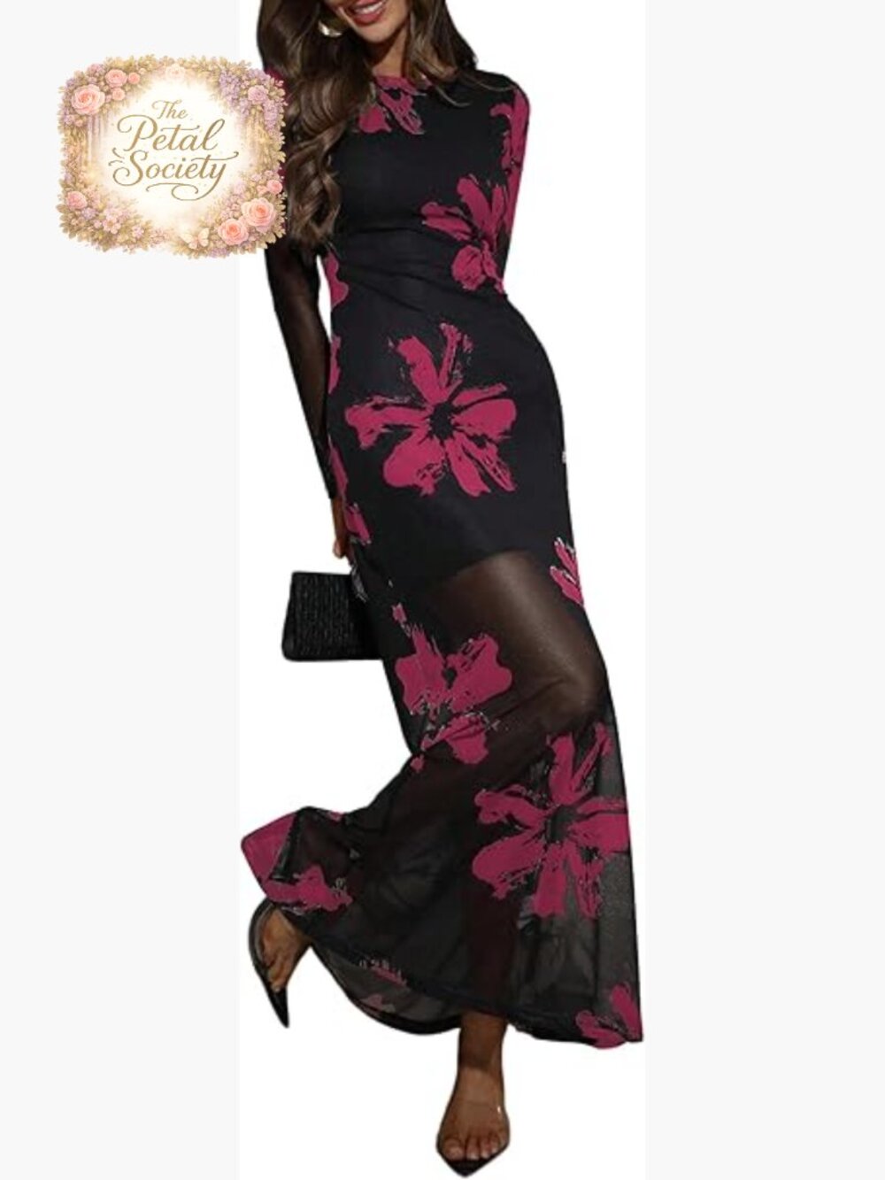 Floral Mesh Maxi Dress Long Sleeve Formal Cocktail Wedding Guest Size S